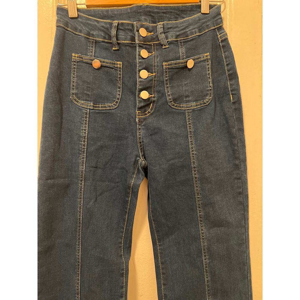 Women's Stretch Button Fly Fit Flare Bottom Blue Jeans Size Medium - Picture 7 of 9